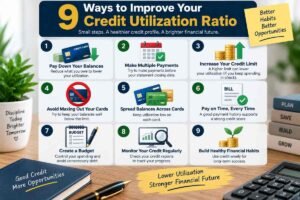 Nine practical ways to improve credit utilization ratio, including paying down balances, making multiple payments, increasing credit limits, budgeting, and monitoring credit.