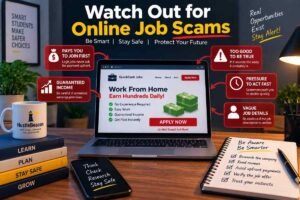 Online job scam warning signs, including upfront fees, guaranteed income, pressure to act quickly, and unrealistic earnings.