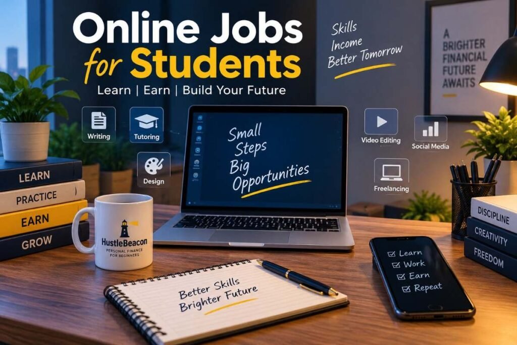 Online jobs for students with laptop, writing, tutoring, video editing, social media, and freelancing icons.