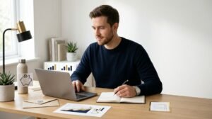 Person planning how to use saved money for savings, debt repayment, and investments