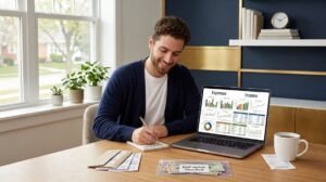 Person reviewing a budget while balancing savings, essential expenses, and fun spending