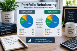 Portfolio rebalancing infographic comparing current and target investment allocations