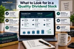 Quality dividend stock research infographic showing earnings, financial health, dividend history, yield, payout ratio, and long term growth factors.