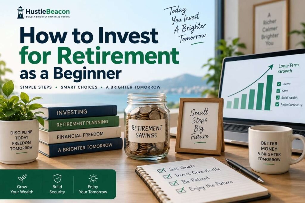Retirement investing guide for beginners showing long-term investment growth, retirement savings, and financial planning.