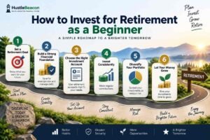 Retirement investing roadmap showing six beginner steps from setting a retirement goal to building a diversified portfolio and growing investments.