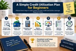 Simple credit utilization plan for beginners showing steps to check credit limits, check balances, calculate utilization, reduce balances, monitor credit, budget, and review progress.
