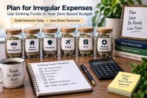 Sinking funds for irregular expenses such as car maintenance, home repairs, insurance, travel, gifts, and medical costs.