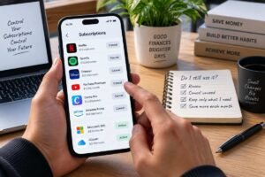 Smartphone showing a list of recurring subscriptions being reviewed for cancellation