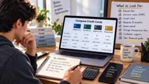 Student comparing credit card fees and features
