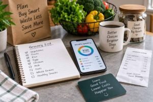 Tracking everyday expenses with a grocery list, receipts, calculator, and savings plan