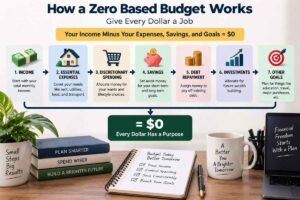 Zero based budget flow showing income allocated to expenses, savings, debt repayment, investments, and goals until the balance reaches zero.