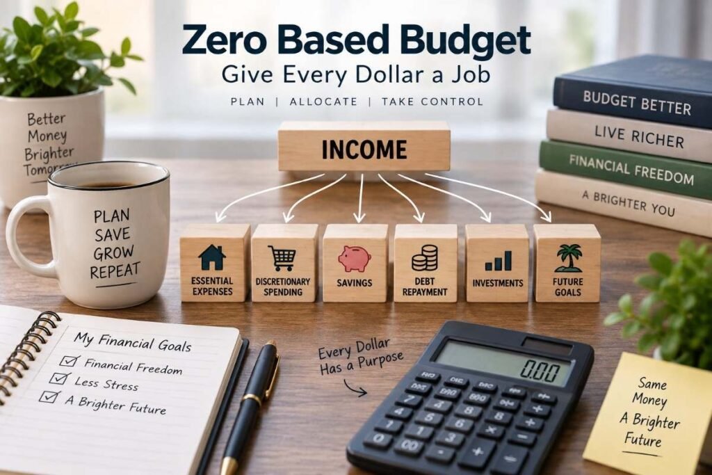 Zero based budget showing income assigned to expenses, savings, debt repayment, investments, and financial goals.
