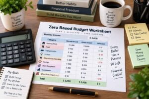 Zero based budget worksheet showing $3,000 income allocated across housing, food, transportation, utilities, spending, savings, debt, investments, and other goals with a zero balance.